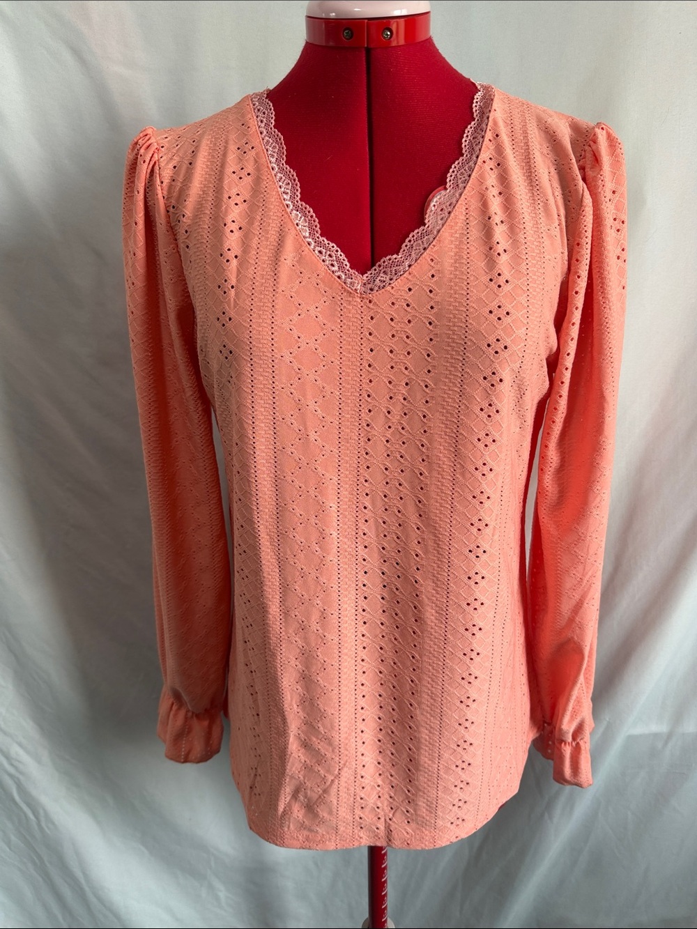 Lace-Trim Peach Eyelet V-Neck Blouse